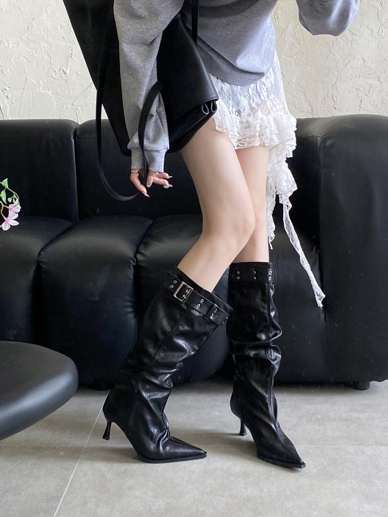 2027 European and American style belt buckle stack thin pointed thin heel boots