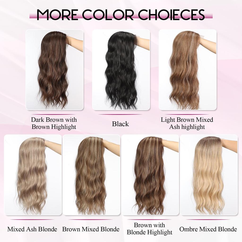20 Inch Natural Brown Synthetic Hair Toppers Long Wavy Hairpieces for Women 6" ×6" Large Base Lace Front Hair Topper Clips In