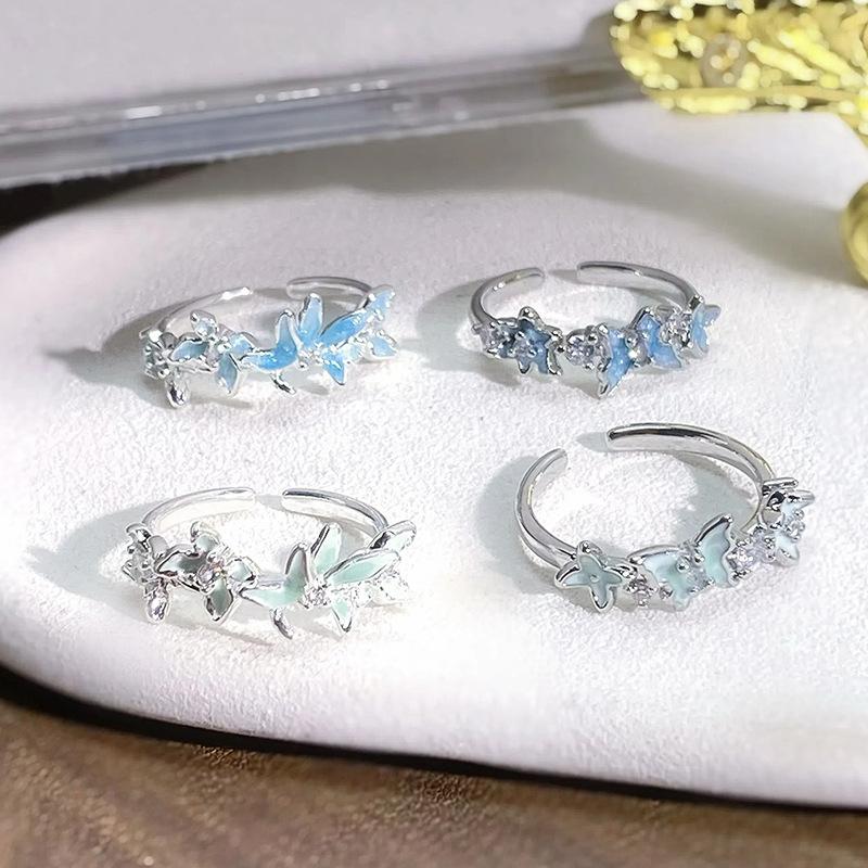 Spring And Summer Small Fresh Mint Green Enamel Dripping Oil Butterfly Opening Ring Personalized Niche Light Luxury High-End Ring