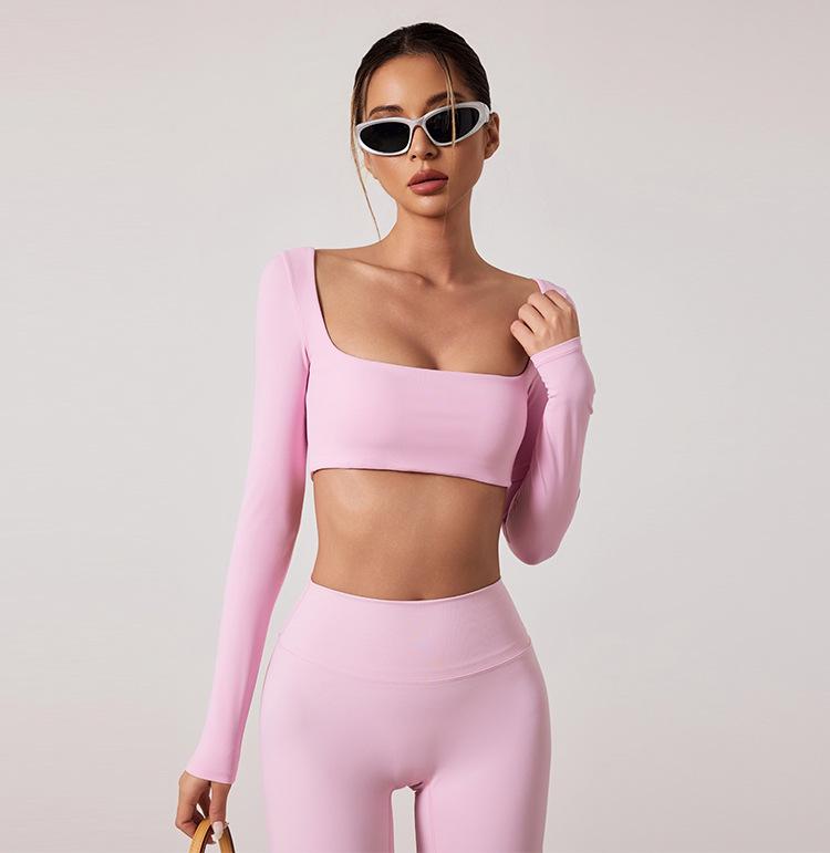 European & American Dance Yoga Wear: Sexy Square Neck Long Sleeve Top & High Waist Hip-Lifting Pants Set