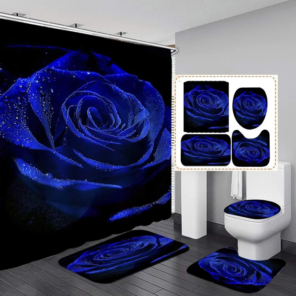 Blue Rose Flowers Waterproof Bathroom Shower Curtain Set Polyester Toilet Seat Cover Bath Nonslip Mat Rug Carpet Home Decor