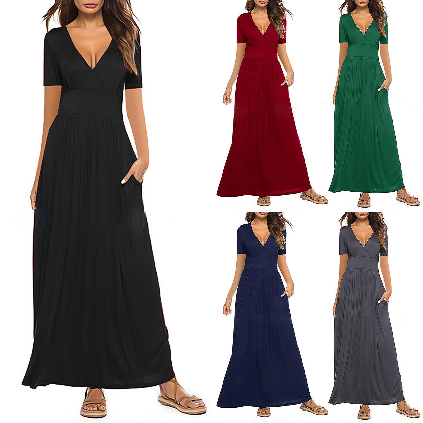 

Женские летние и весенние европейские и американские однотонные карманные платья XXL