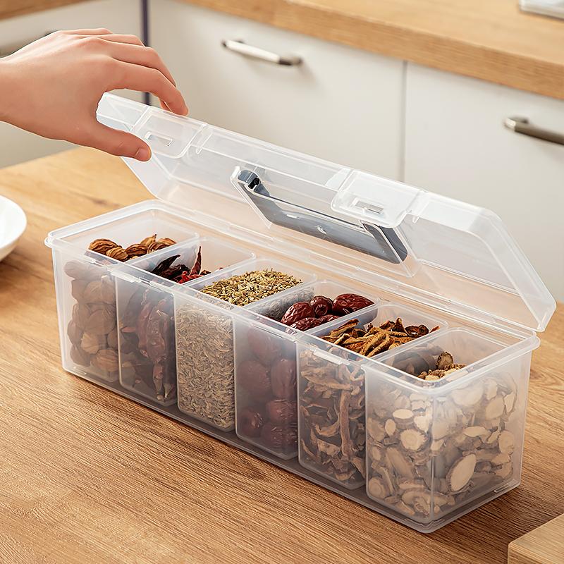 Transparent Plastic Food Storage Box With 6 Compartment Sealed Jar Moisture-proof Spice Container Kitchen Storage Organization