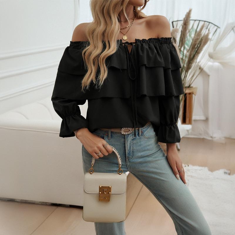 Women's Loose Drawstring Off Shoulder Lantern Sleeve Top