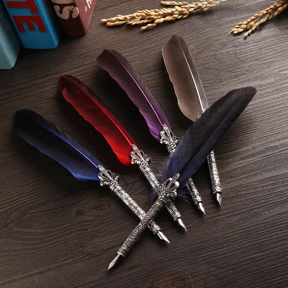 Hot Retro Multicolor Quill Dip Pen Turkey Feather Pen Quill Oblique 5 Nibs Pen Set Gift Writing Tools Office School Supplies