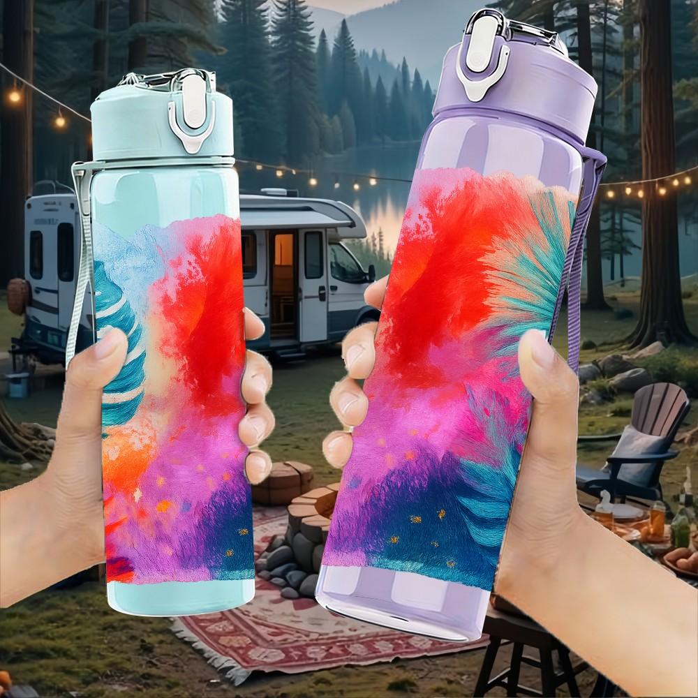1PC Tropical Palm Leaf Vibrant Tie Dye Print 750ml Color Plastic Sports Water Bottle Leakproof Flip Straw Lid Suitable for Sports Office Home Use