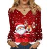 Women's Fashionable Casual V-neck Blouse Button Christmas Printed Long-sleeved Pullover T-shirt Top