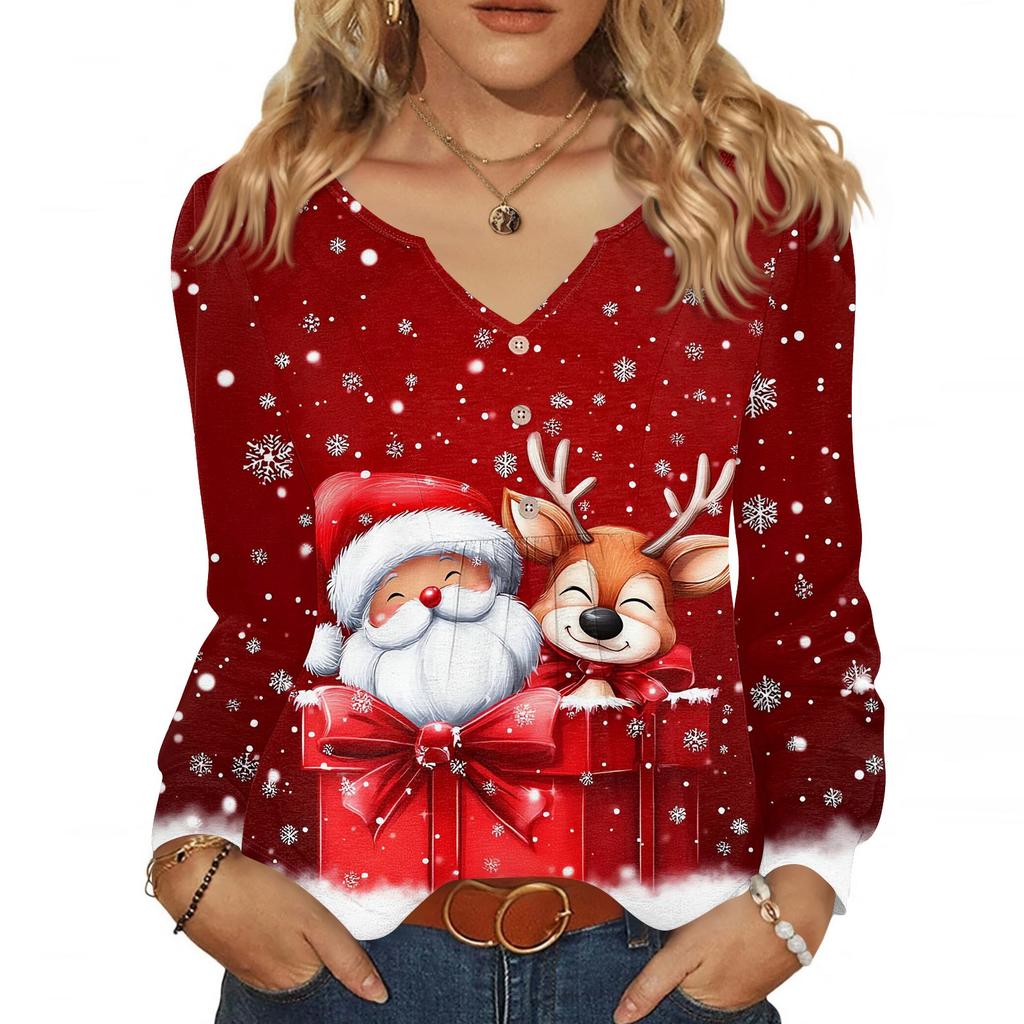 Women's Fashionable Casual V-neck Blouse Button Christmas Printed Long-sleeved Pullover T-shirt Top