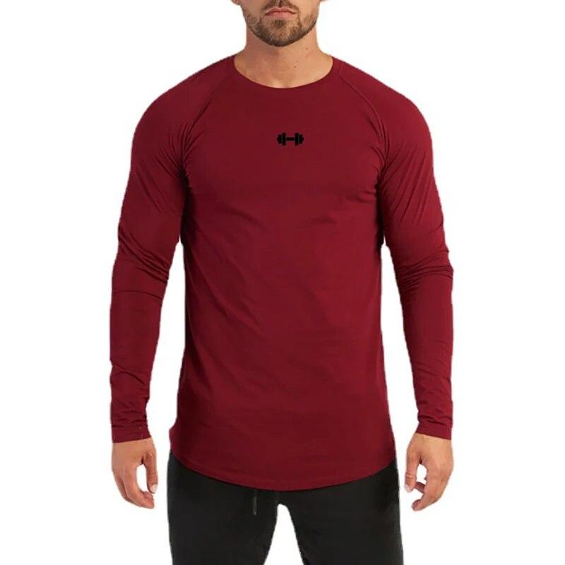 

Осенне-зимняя новая мужская дышащая футболка для фитнеса, мягкая и удобная футболка с длинными рукавами и подкладкой XXL бордовый