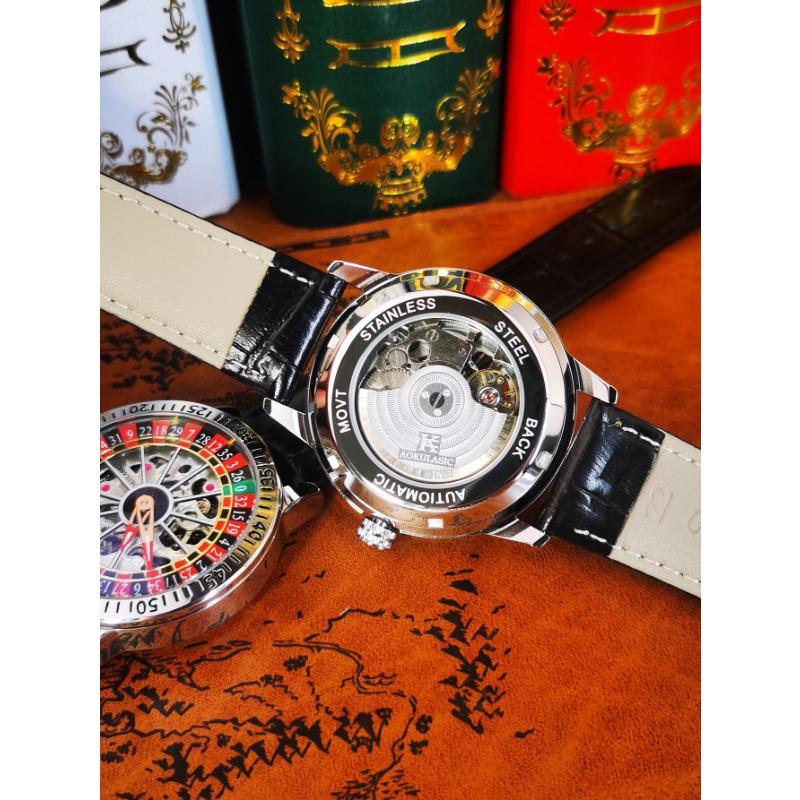 Modische drehbare innere Zifferblatt Skelett Mechanikuhr für Herren Leuchtende Zeiger Stahl Lederarmband Automatische Uhren