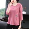 Summer Round Neck Embroidered Three-quarter T-shirt for Middle-aged Elderly People New Loose Mother Tops for Women
