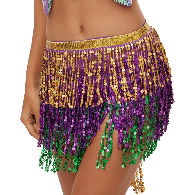 Bohemian Sequin Hip Scarf: Four-layer Tassel Waist Chain Belly Dance Costume for Women. Perfect for Halloween Performances.