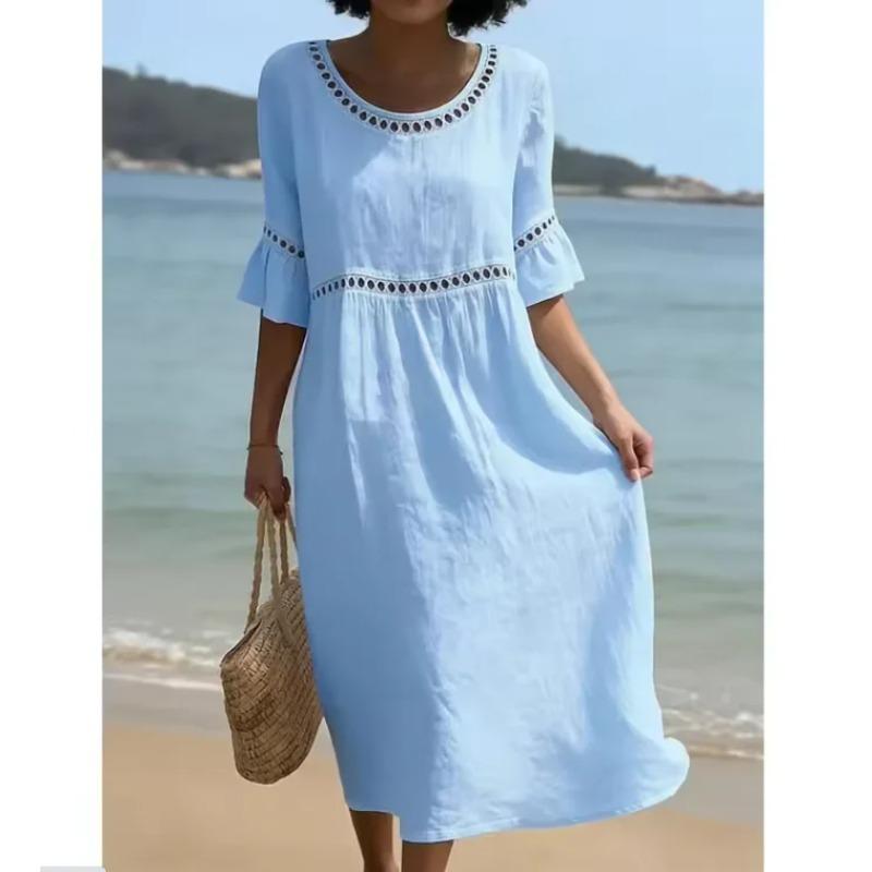 Hollow-out Solid Cotton Linen A-Line Dress Woman O Neck High Waist Loose Dresses Summer Flare Sleeve Beach Vacation Dress