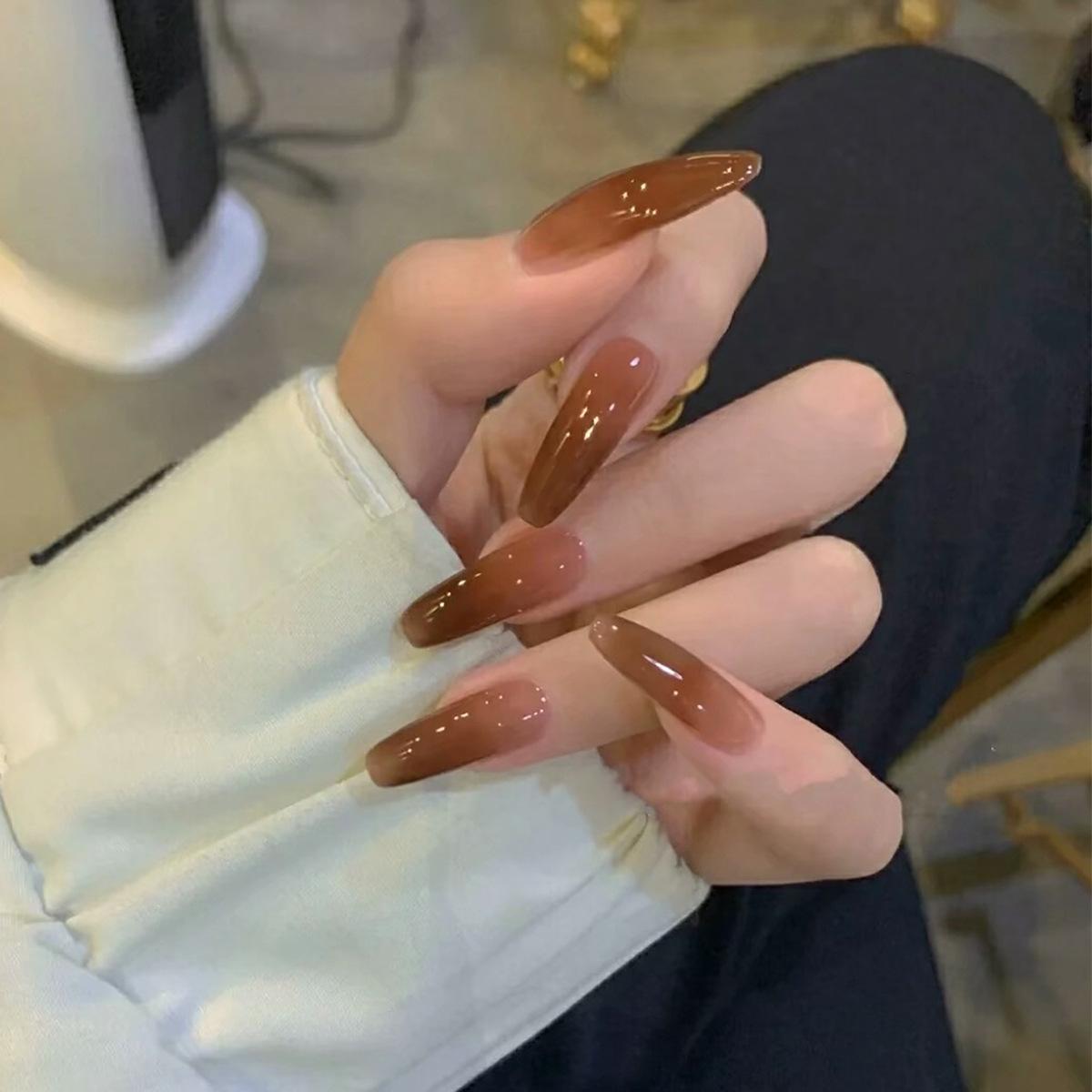 Ice-Clear Coffee Ballet Nail Art: Removable Finished False Nails and Stickers