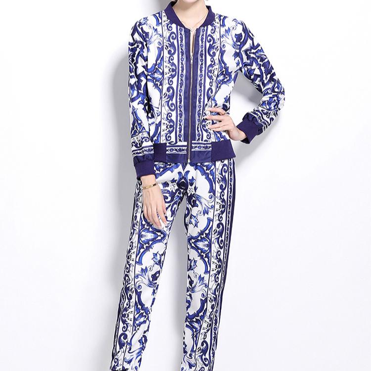 Spring Autumn Fashion Designer Print Runway 2 Piece Set Women Zipper Jacket Coat And Elastic Waist Pocket Pencil Pant Suit