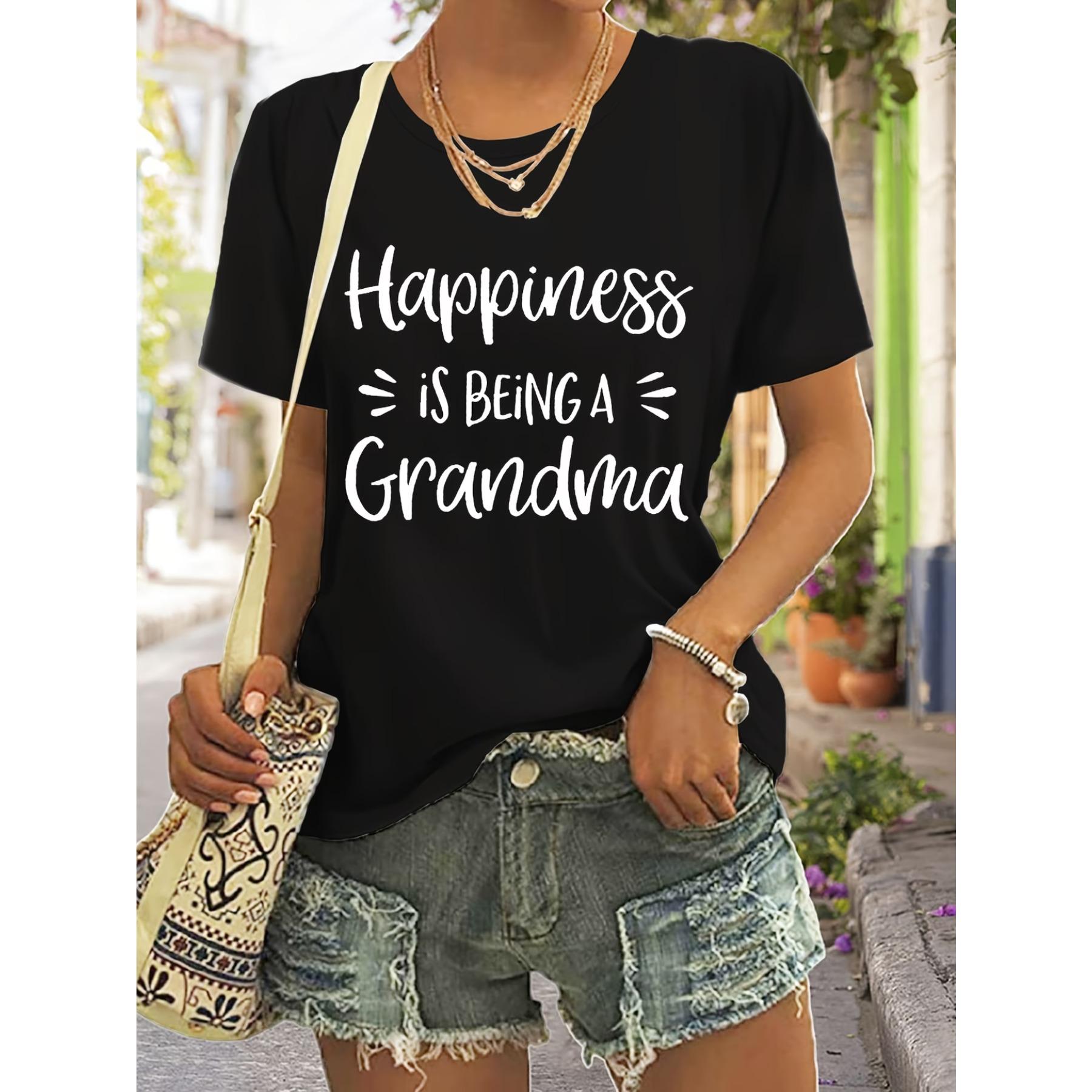 Women s  Happiness Is Being A Grandma  Letter Print T-Shirt - Casual Short Sleeve Crew Neck Top with Applique Detail, Medium Stretch S чёрный
