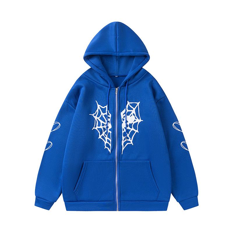 Cross-border Spider Web Heart Print Fleece-Lined Hooded Cardigan