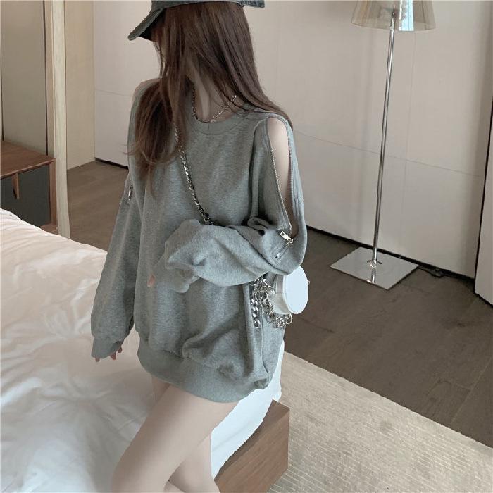 2024 Women's Off-Shoulder Zipper Hoodie - Long Sleeve, Loose Fit, Korean Style, Spring/Autumn Fashion