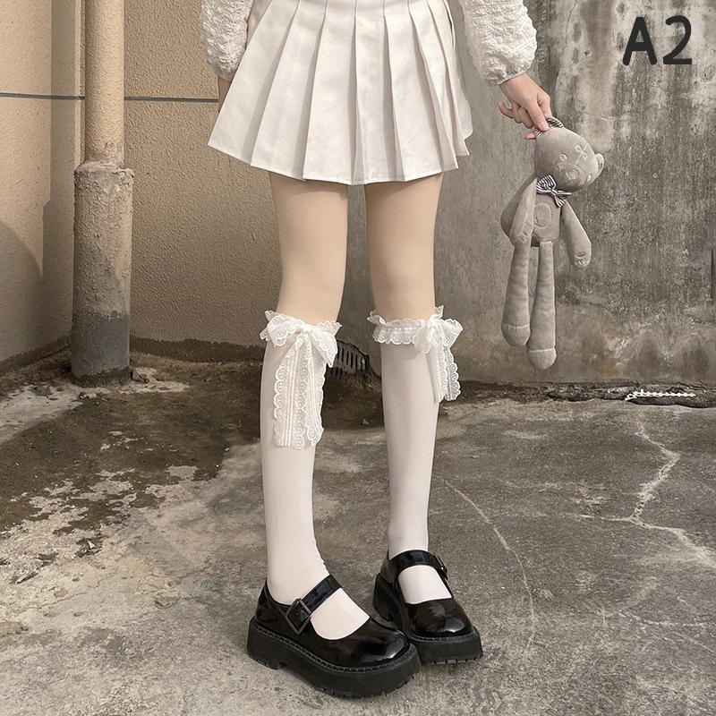 Japan Lolita Lace Stockings Women Sweet Kowknot High Knee Socks Femme Elastic
