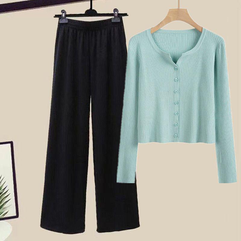 Two-Piece Women's Autumn Knit Set: Korean Short Sweater & Casual High-Waist Wide-Leg Pants