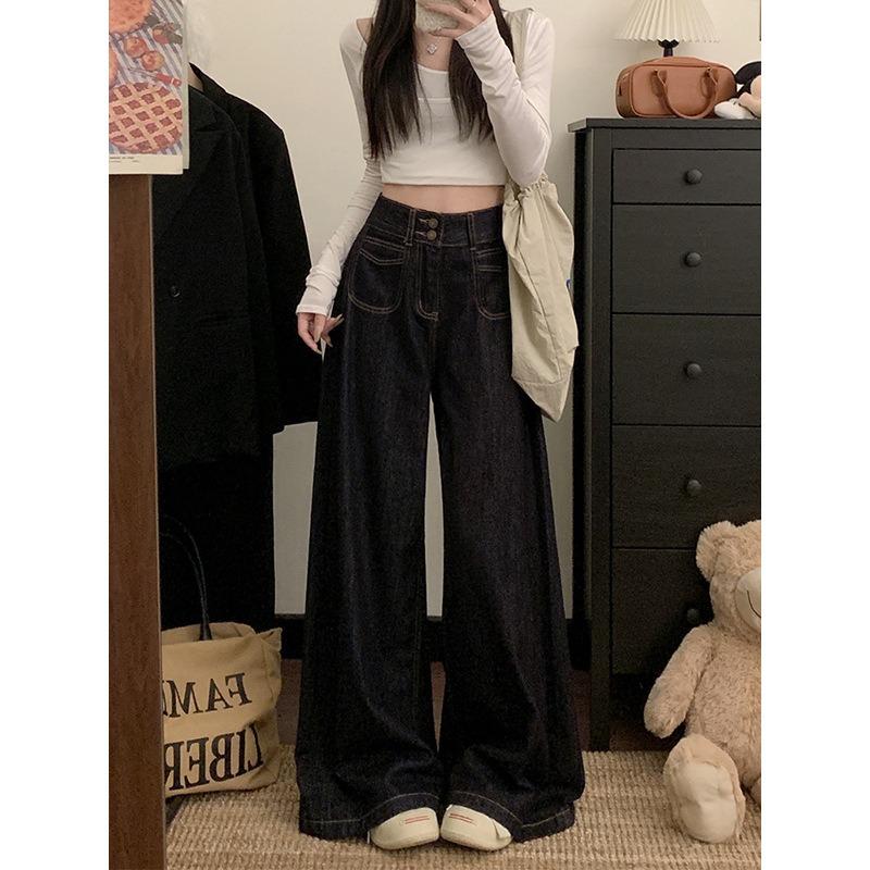 Women Retro High Waist Double Button Wide Leg Loose Floor Length Denim Jeans