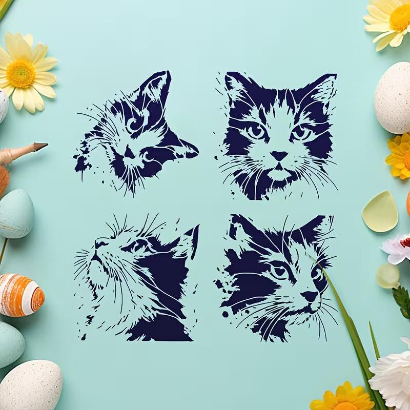 4-Piece Set of Cat Painting Stencils, Reusable Hollow-Out DIY Molds with Cute Kitten Patterns, Suitable for Creative Crafts Such As Wooden Signs