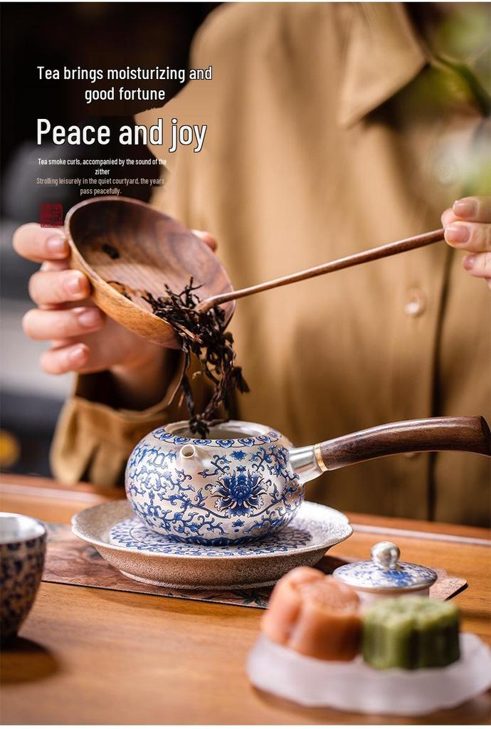 Blue & White Gilded Gongfu Tea Set: Teapot, 2 Cups & Tray In Gift Box for Home or Office.