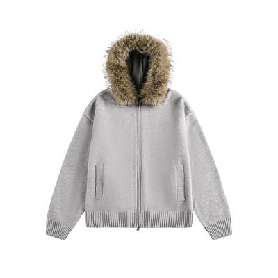 Unisex Oversized Knit Cardigan With Removable Faux Fur Collar Casual Hooded Sweater In Solid Colors