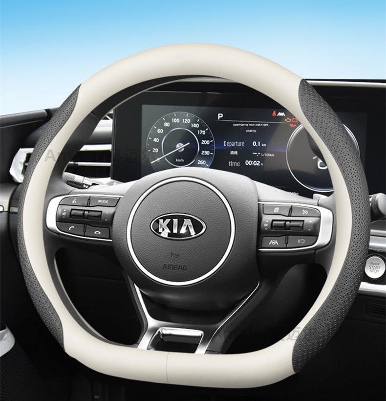 Genuine Leather Steering Wheel Covers for Kia K5, Sportage, K4, K3, Sorento, KX5, KX7, Carnival, and Forte.