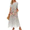 Women's Fashionable And Casual Long Beach Skirt Round Neck Short Sleeved Loose Retro Print Dress