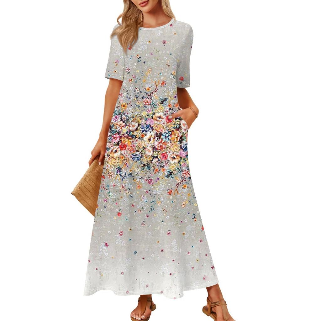 Women's Fashionable And Casual Long Beach Skirt Round Neck Short Sleeved Loose Retro Print Dress