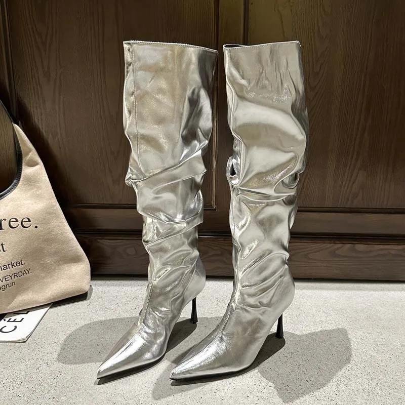 Fashion Eilyken Winter Gold Silver Pleated Pointed Toe Woman Knee-High Boots Designer Thin High Heels Stripper Shoes Botas Mujer