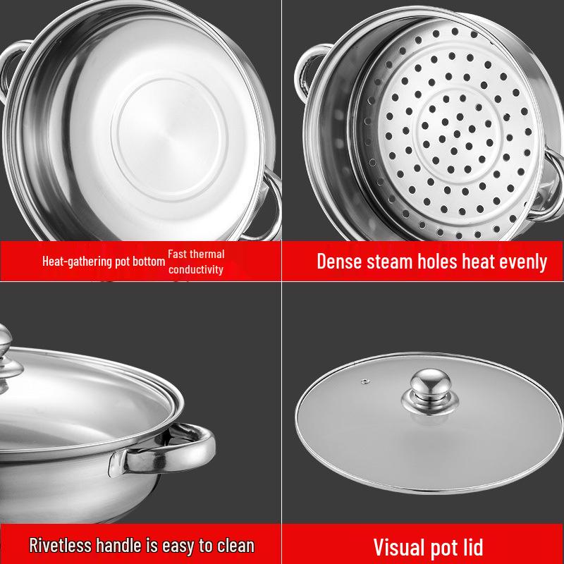 28cm Edelstahl Doppelschicht Dampfgarer mit Verdicktem Suppen- und Fischdämpfer und Einzelschicht Hot Pot - Werbegeschenk