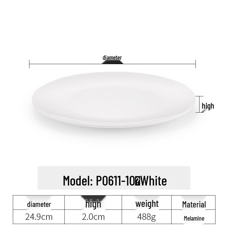 White Melamine Round Plate - Imitation Porcelain Tableware, Shallow Buffet Dinnerware Dish.