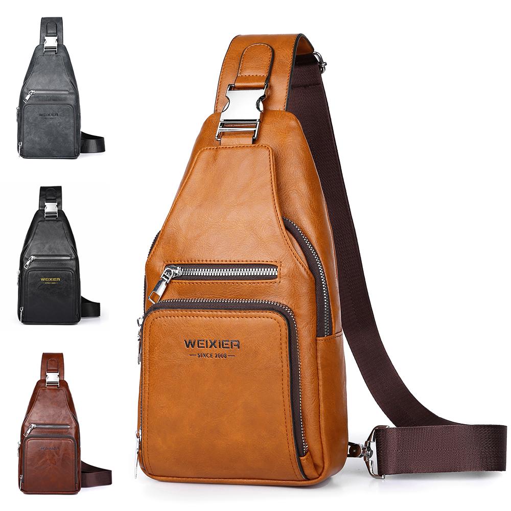 WEIXIER Bolso Bandolera de Cuero para Hombre Crossbody Hombro Pecho Impermeable Casual Mochila de Día para Viajes Deportes al Aire Libre