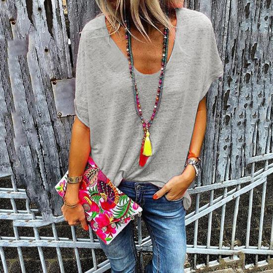 Plus Size Candy Color V Neck Short Sleeve T-Shirt Summer Tee Women Loose Top