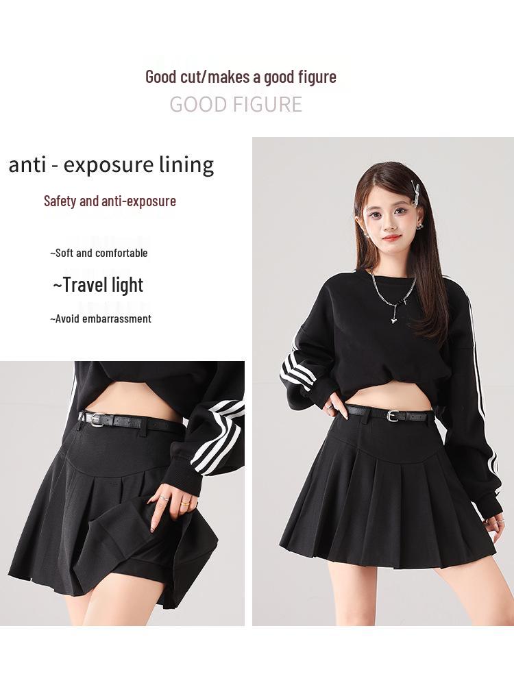 European & American Style Korean Pleated A-line Skirt with Belt - Anti-Exposure, Age-Reducing Short Umbrella Skirt.