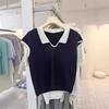 Korean Style Color-Block Polo Collar Knit Cropped T-Shirt