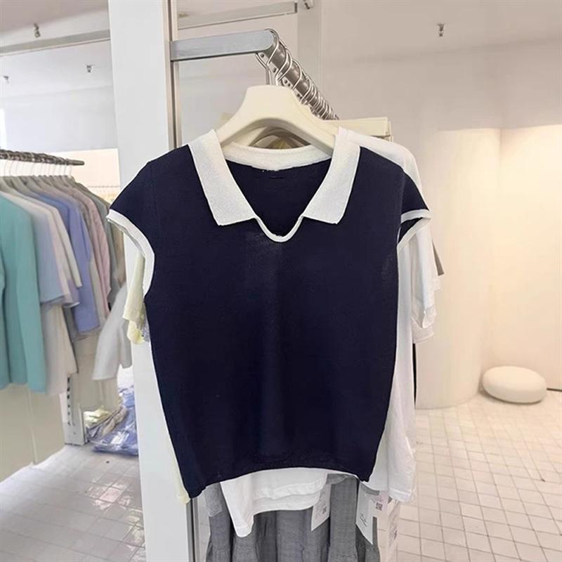 Korean Style Color-Block Polo Collar Knit Cropped T-Shirt
