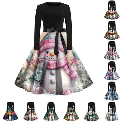 Women's Fashion Vintage Long Sleeve Round Neck Christmas Printed Party Gown Dress
