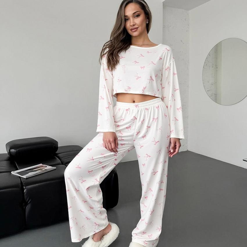 New product printed bow top trousers knitted women's pajamas homewear set autumn and winter Europe and America