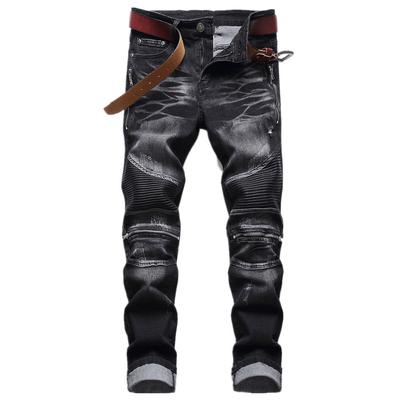 2024 Neue europäische und amerikanische Herren-Jeans in Übergröße mit zerrissenem Motorrad-Reißverschluss und Plissee-High-Street-Motorradhose