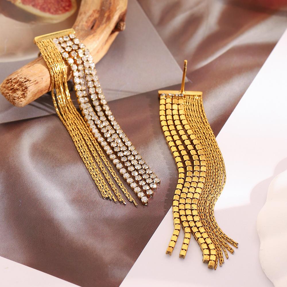 MamacitaSlay 316L Stainless Steel  Zircon Asymmetrical Tassel Earrings Party Waterproof Jewelry Women's Charm Statement Earrings