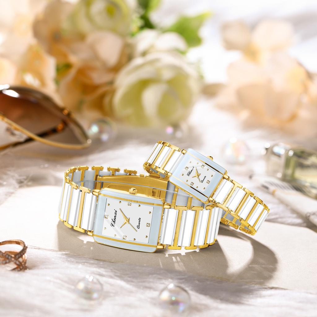 CHENXI Montre de Couple de Luxe Haute Qualité Mode Cristal Cadran Rectangulaire Montre à Quartz Hommes Femmes Saint-Valentin Cadeau de Mariage