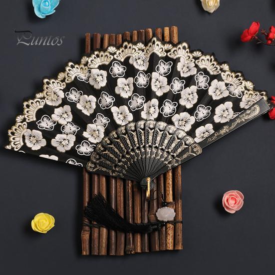 Elegant Handheld Fan Retro Lace Folding Portable Lightweight Chinese Dance Cherry Blossom Silk Cloth Pattern Women's with Tassel for Performance