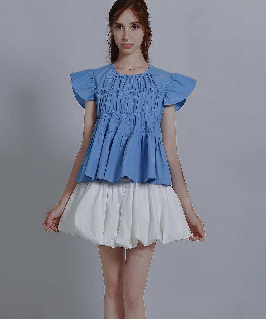 Keulleiseu Frill Round Neck Short Sleeve Blouse_Yellow