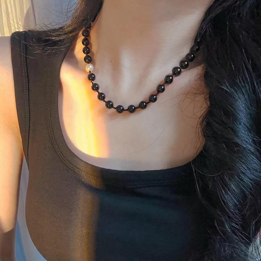 Retro Natural Black Agate Freshwater Pearl Collarbone Chain Necklace Neck Chain Niche Premium Versatile Collarbone Chain