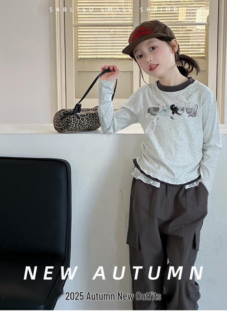 2026 Autumn Cat Print Girls' Long Sleeve T-shirt & Lace Waist Cargo Pants Set for Older Children