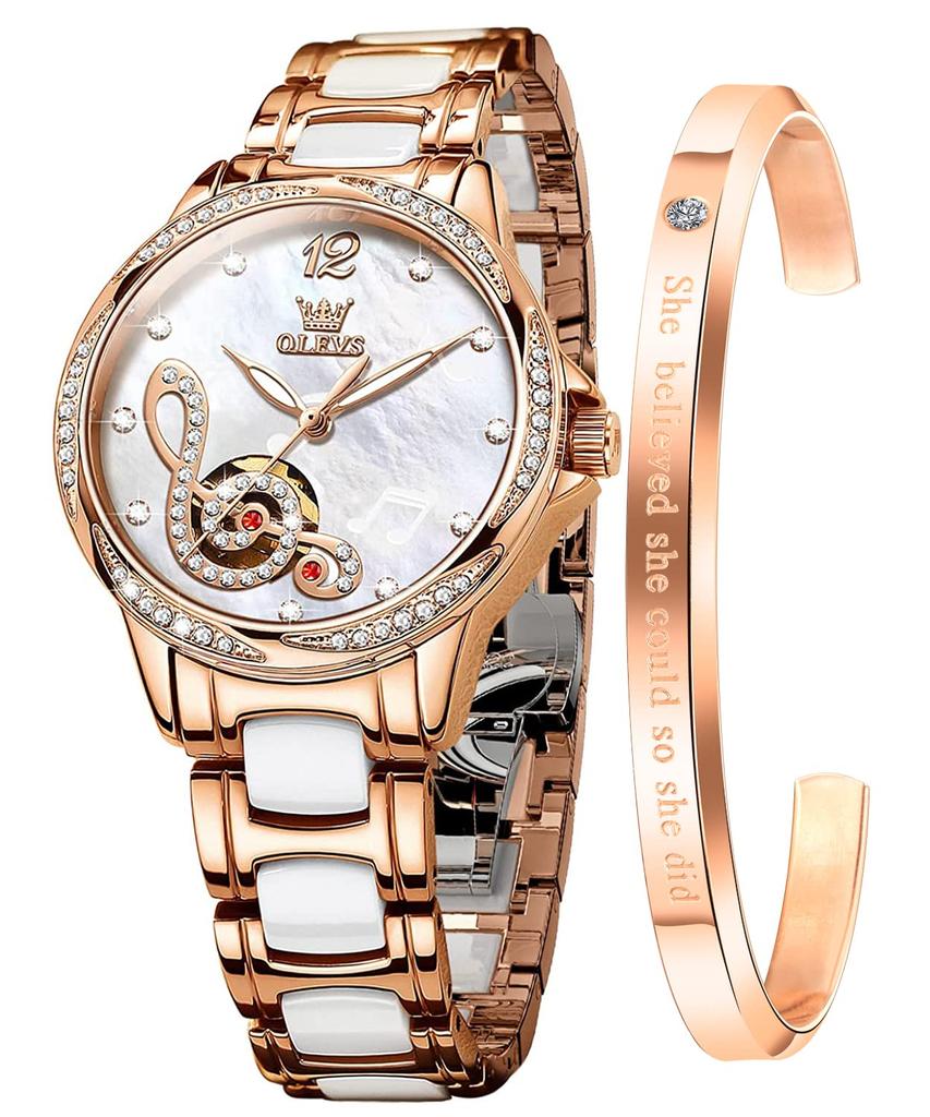 OLEVS Mechanical Automatic Pink Gold Stainless White Watch Women's Wristwatch, Winding, Ceramic, Crystal, Waterproof, Steel,