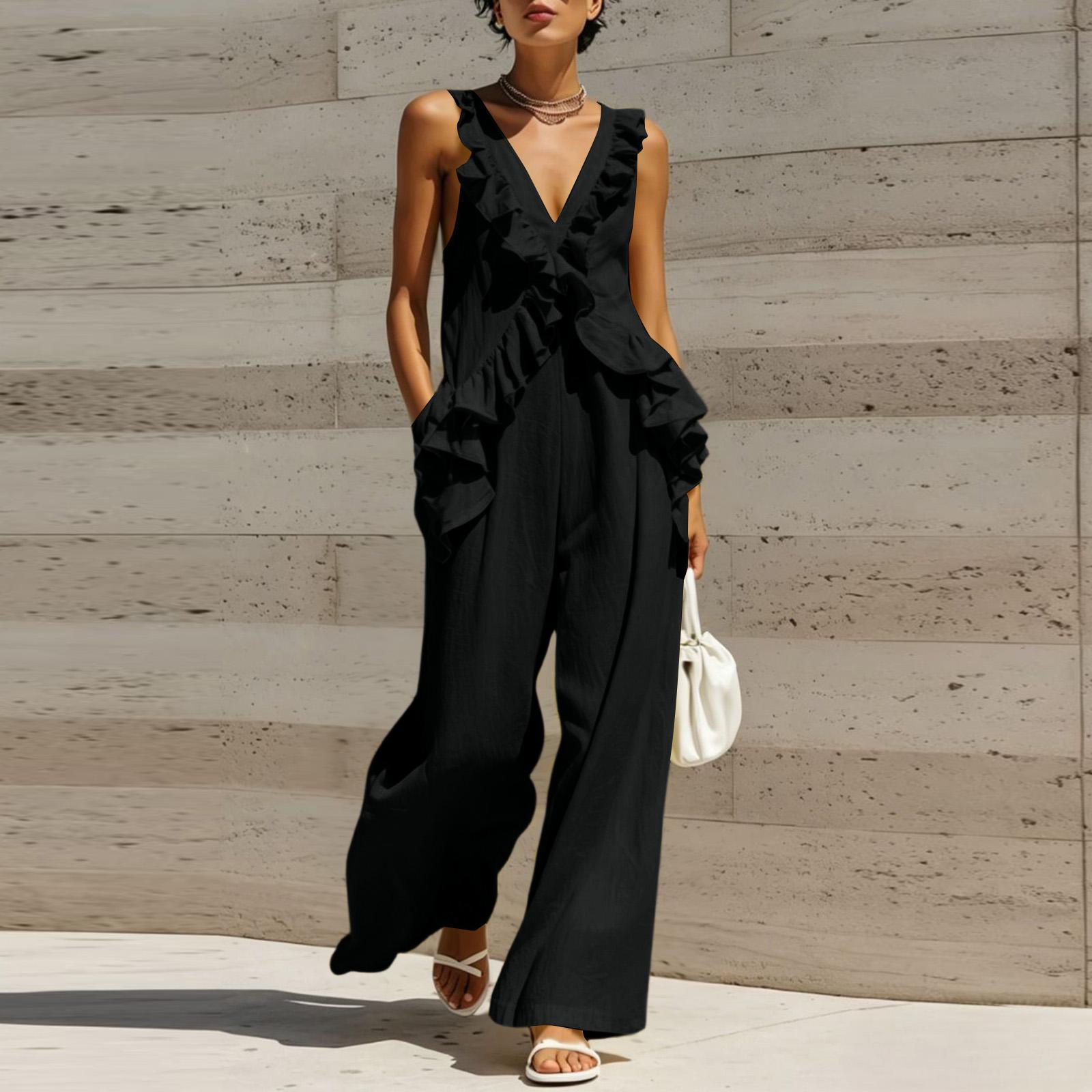 Women s Casual Sleeveless V-Neck Jumpsuit with Ruffled Hem Color Cotton Linen for Vacation L